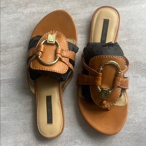 New Rachel Zoe Cognac Leather Slide Sandals with Gold Buckle size 36.5